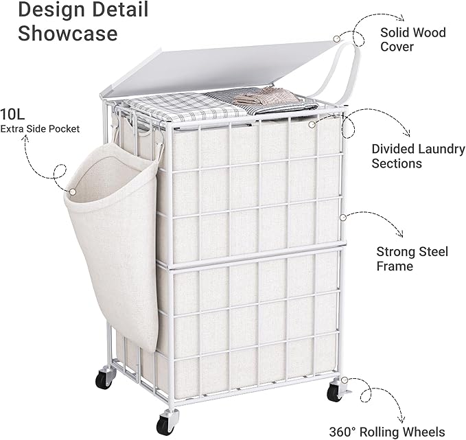 90L Laundry Basket with Wheels, Large Capacity Laundry Hamper with Removable Liner Bags, Heavy Duty Laundry Sorter with Solid Wood Lid & Leather Handles (White) TLH001W01