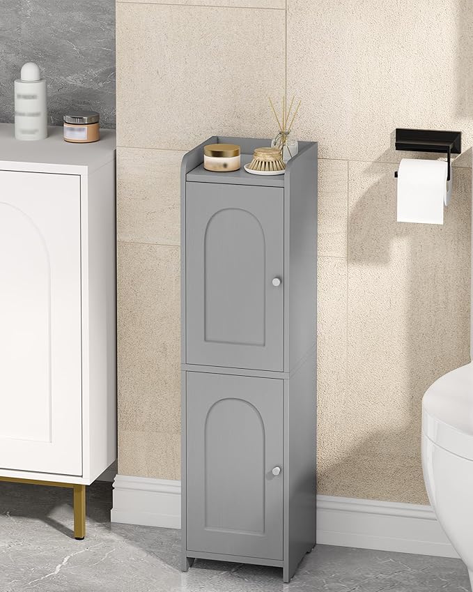 Bathroom Storage Cabinet, Small Corner Floor Cabinet with 2 Doors and Adjustable Shelf, Narrow Toilet Paper Cabinets, Bathroom Organizer for Small Spaces, 7.9" D x 7.9" W x 29.5" H Gray