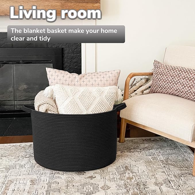 Goodpick Large Blanket Basket, 22"X 14" Woven Rope Baby Basket, Black Blanket Storage for Dirty Clothes, Kids Toy Storage Organizer Bins for Living Room