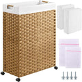 Greenstell Laundry Hamper with Wheels & Handles, 26.4 Gallon (100L) Slim Laundry Basket with 2 Removable Liner Bags & 2 Mesh Bags, Foldable Narrow Clothes Hamper for Bedroom, Bathroom, Closet, Natural