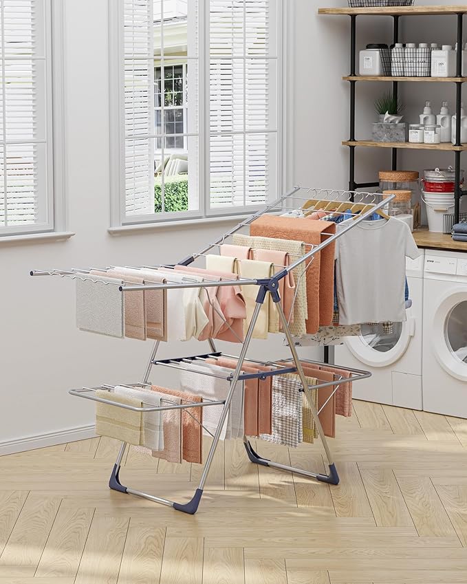 Sakugi Clothes Drying Rack, Foldable 2-Level Laundry Drying Rack with Height-Adjustable Wings, for Clothing & Bedding, Free-Standing Space-Saving Rack, Indoor & Outdoor, 55.5"L × 22.8"W, Silver Blue