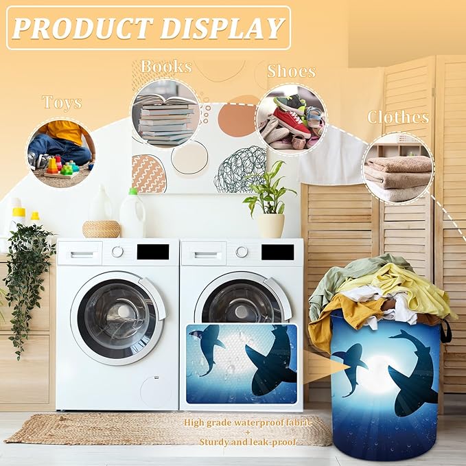 Floating Shark Laundry Basket, Sea Animals Laundry Hamper Foldable Waterproof Oxford Cloth Funny Tote Bag Dirty Clothes Storage Bucket Toy Organizer for Bathroom/Laundry/Bedroom 15.7"x19.6"