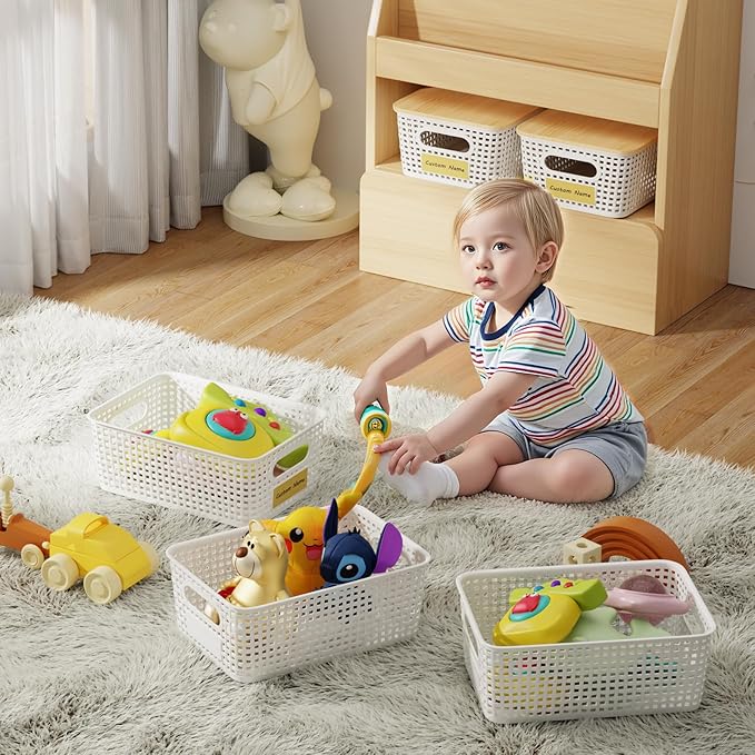 8 Pack Plastic Storage Bins with Bamboo Lids - Stackable Storage Baskets with Lids for Pantry Organizer and Storage, Small Plastic Stackable Storage Bins for Shelves, Office, Cabinet &Pantry,Nursery