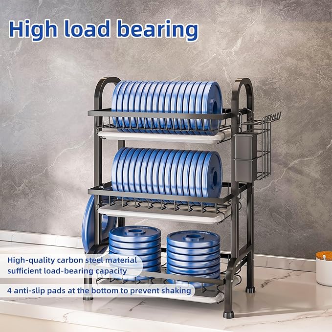 Dish Drying Rack 3 Tier Large Capacity Kitchen Dish Draining Rack Countertop Cultery Drainer with Drip Tray