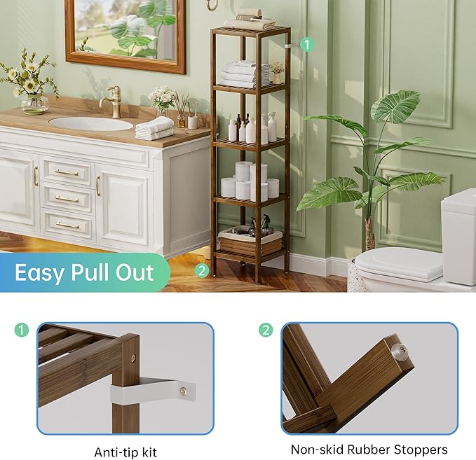 SMIBUY Bathroom Storage Shelf, 5-Tier Bamboo Rack Organizer, Multifunctional Shelving Unit for Living Room Bedroom Kitchen (Walnut)