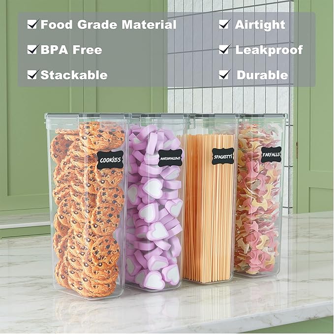 Pasta Containers, 4 Pk 2.8L Airtight Food Storage Containers, Spaghetti Containers for Pantry Organization and Storage, Kitchen Storage Containers for Noodles, Plastic Canisters with Durable Lids