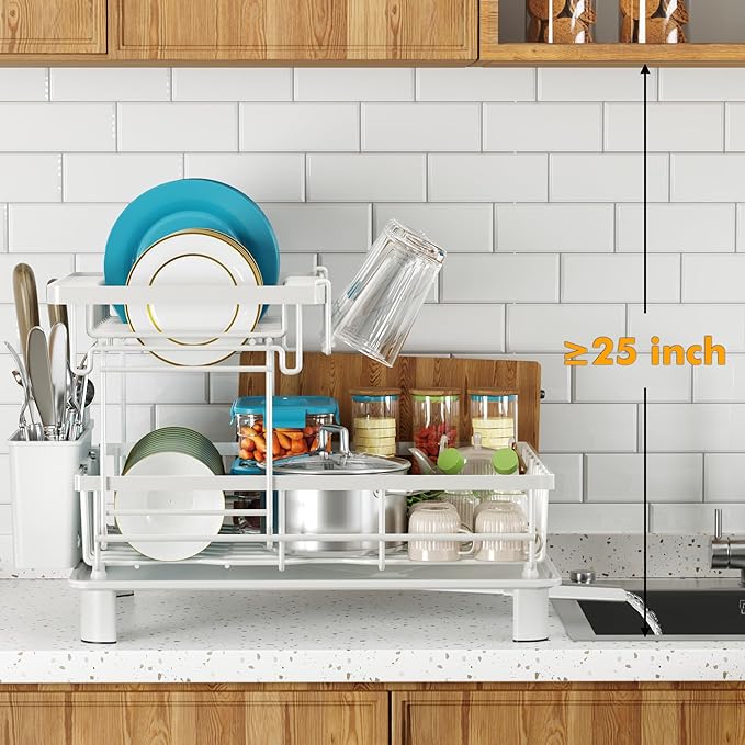 Dish Drying Rack, 2 Tier Dish Racks for Kitchen Counter, Compact Dish Drainer Rack, Detachable Dish Rack with Drainboard, Utensil Holder, Cup Holder for Small Space - White