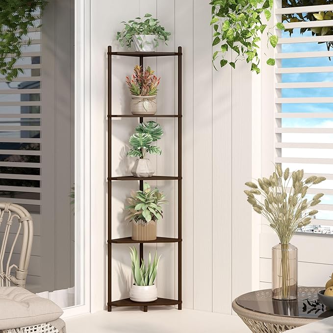 Wisuce Corner Shelf Stand - 5 Tier Walnut Bamboo Small Corner Bookshelf for Office Kitchen Bedroom Plant Stand Living Room Decor Small Space