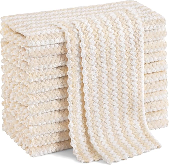 Homaxy 12 Pack Kitchen Dish Cloths, Ultra Soft and Absorbent Dish Towels, Reusable Fast Drying Microfiber Cleaning Cloth, Coral Velvet Wave Design No-lint, 10 x 10 inches, Beige