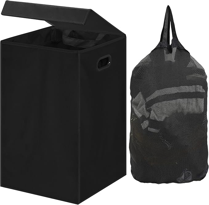 Simple Houseware Foldable Laundry Hamper Basket with Lid and Removable Bag, Black