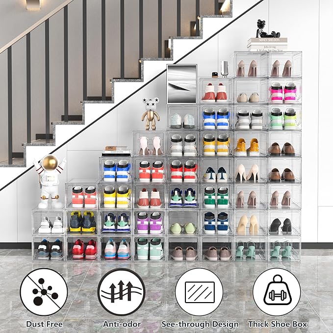 MCIJRJOI 12 Pack Hard Sturdy Thickened Rigid XX Large Shoe Storage Organizer for Closet, Clear Stackable Sneaker Shoe Boxes Rack Containers Display Case Bins with Lids, White