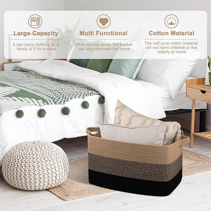 OIAHOMY Large Storage Basket, Cotton Rope Woven Blanket Basket, Toy Bin for Baby Room, Container for Blanket Storage in Living Room, 20''×16''×12'', Brown & Black