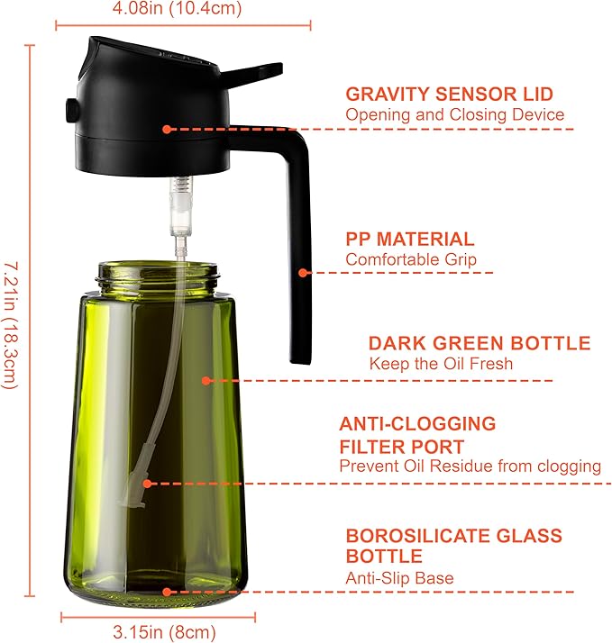 CXINYI - 16oz/470ml Olive Oil Dispenser for Kitchen with Stickers - 2 in 1 Olive Oil Sprayer for Cooking, Air Fryer, and Salad, Black (Light-Proof Kitchen Gadget)