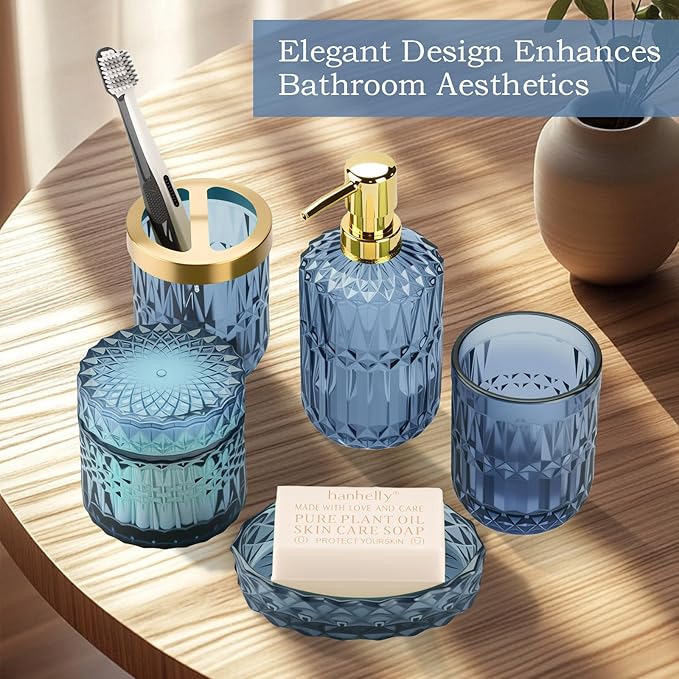 Blue Bathroom Accessories Set, 5Pack Clear Glass Bathroom Accessories, Includes Lotion Soap Dispenser, Toothbrush Holder, Qtip Holder and Soap Dish, Vintage Bathroom Decor