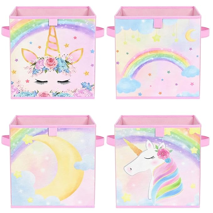 WERNNSAI Cube Storage Bins - 4 Pack Fabric Foldable Storage Cube Organizer for Kids Decorative Storage Baskets with Handles 11" x 11" Home Closet Nursery Room Bedroom (Unicorn)