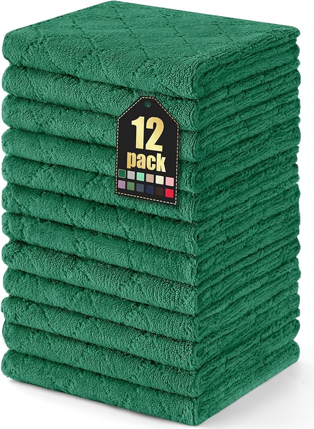 Homaxy 12 Pack Dish Towels for Kitchen (13 x 19 Inches, Dark Green), Super Soft and Absorbent Coral Velvet Dish Cloths for Washing Dishes, Nonstick Oil Fast Drying Microfiber Cleaning Cloth