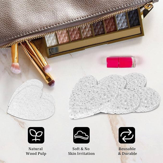 60-Count Kickleen Compressed Cellulose Heart Shape Facial Sponges | 100% Natural Cosmetic Spa Sponges for Facial Cleansing | Exfoliating | Makeup and Mask Removal | Reusable |Skin Massage (White)