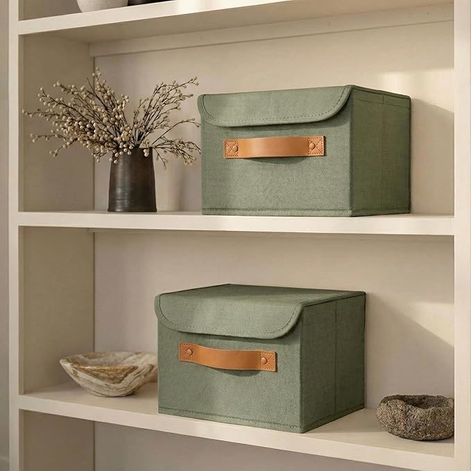 Decorative Linen Storage Boxes with Lids - Spacious Set of 2 Organizer Bins for Your Home Decor - The Perfect Small Container to Safely Store Photos, Documents and Memory Box Keepsakes in Style