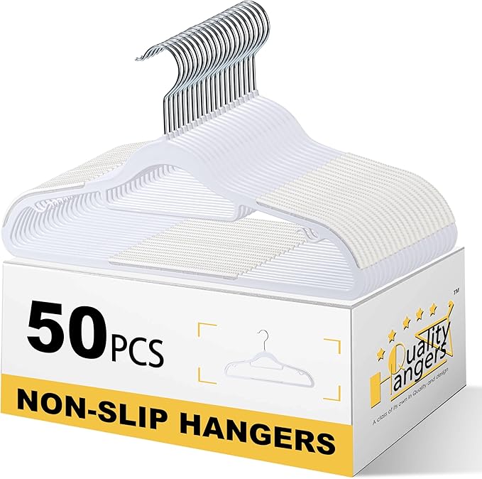 Quality Clothes Hangers 50 Pack - Non-Velvet Plastic Hangers for Clothes - Heavy Duty Coat Hanger Set - Space-Saving Closet Hangers with White Swivel Hooks - Functional Non-Flocked