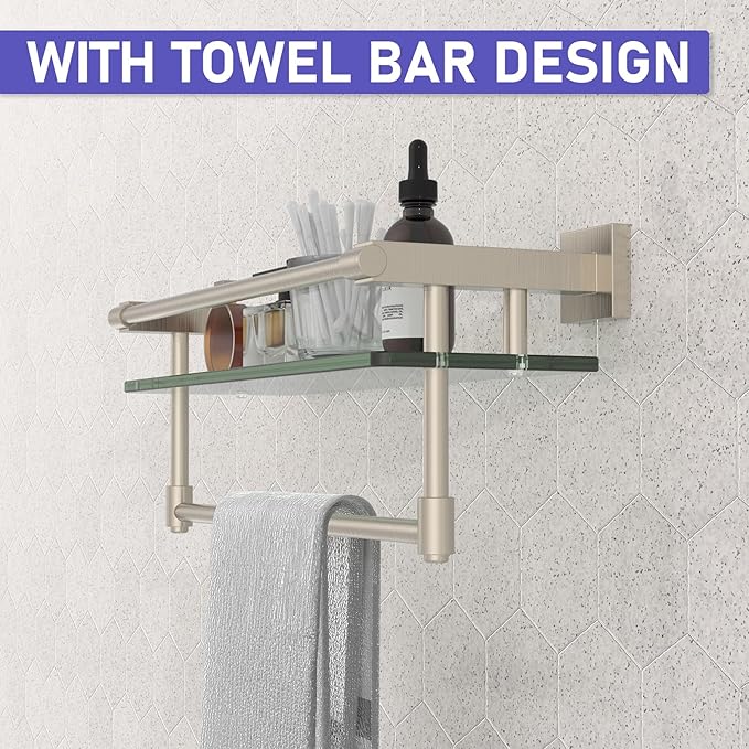 SFGSOWOR 16-Inch Modern Glass Shelf with Towel Bar, 1-Shelf, Brushed Nickel Finish, Wall Mount, Bathroom Organizer
