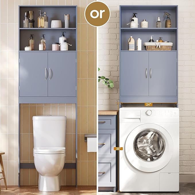 Yaheetech Over The Toilet Storage, Taller Bathroom Organizer Space-Saving Storage Cabinet with Adjustable Shelves and Double Doors, 77 in H, Grey