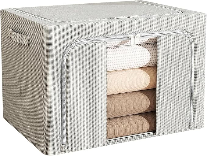 66L Clothes Storage Bins with Metal Frame Foldable Storage Bins with Lids Clothes Organizers and Storage with Clear Window Stackable Zippered Clothes Storage Bags(Gray)