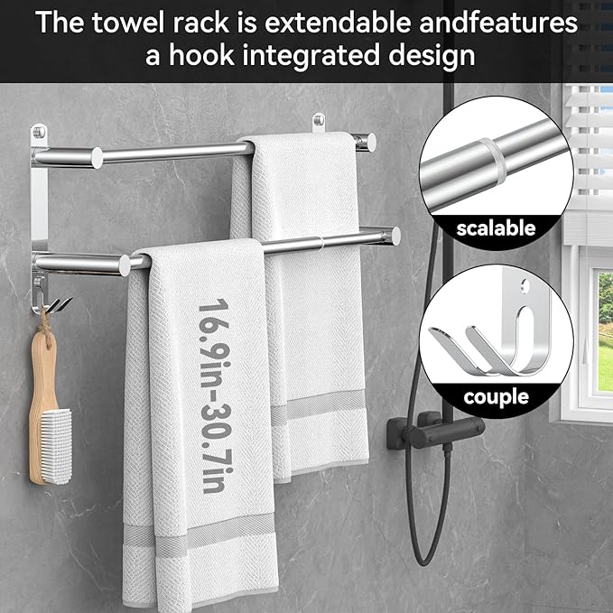 CAXIMSY Adjustable Towel Bar for Bathroom Wall Mount17-30.7inch Adhesive Shower Towel Rack Stainless Steel Bath Towel Holders for Toilet Kitchen Double Towel Hanger (2 Layer)