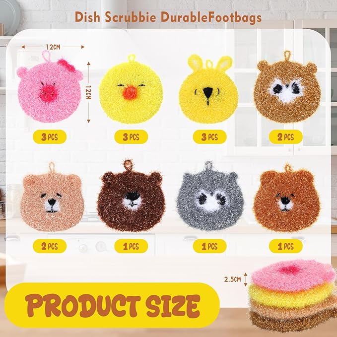 Kenning 16 Pcs Dish Scrubber Non Scratch Dish Washing Scrubbers Reusable Household Cleaning Kitchen Tools for Dishwashing Washing Dishes Cookware Tubs Sinks (Animal)