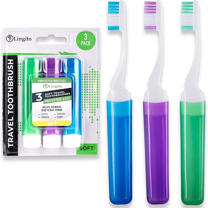 Lingito Mini Toothbrushes with Cover, Soft Travel Toothbrush Kit (3 Pack)