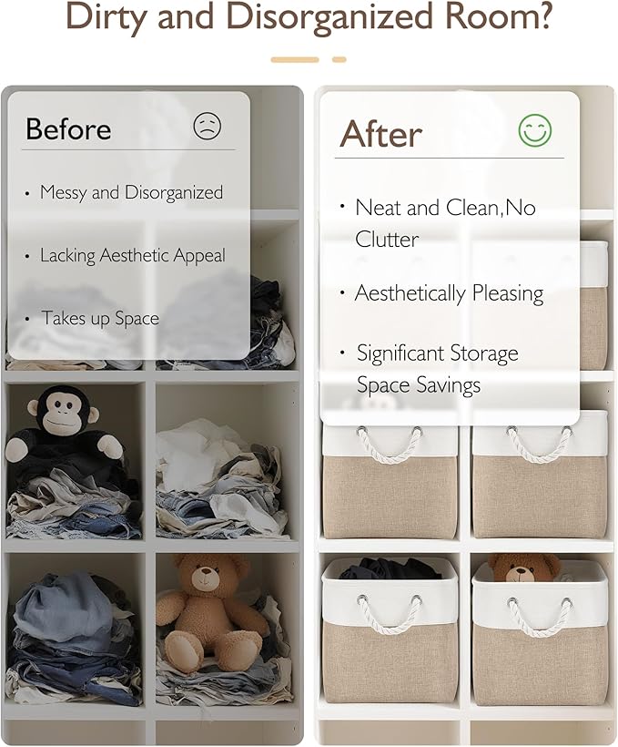 11 Inch Cube Storage Bins, 4 Pack Fabric Storage Cubes with Rope Handles, Organizer Baskets for Closet Shelves, Clothes and Home Organization(White/Khaki)