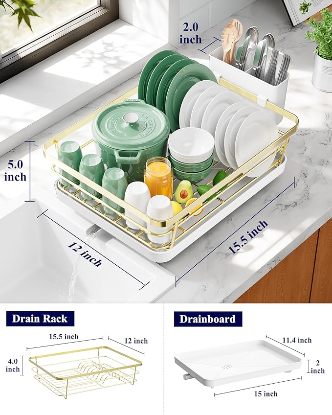 Kitsure Dish Drying Rack for Kitchen Counter, Stainless Steel Sink Organization and Storage Essentials with Cutlery Holder, Home and Appartment Decor, 12''W x 15.5''L, Gold