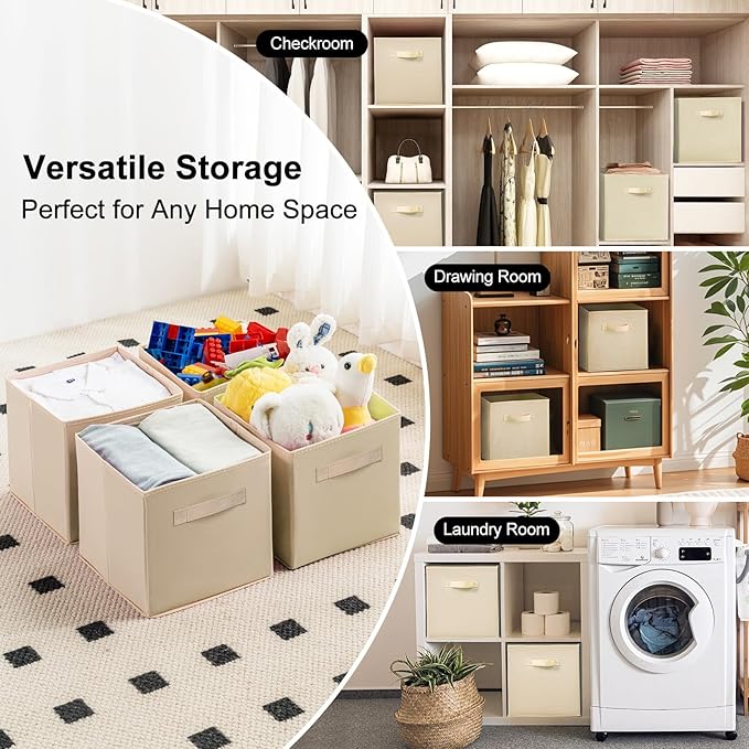 Fabric Storage Bins - 6 Pack Collapsible Cube Organizer for Closet, Shelves & Living Space, Pastel & Dark Color Options - Foldable Storage Boxes with Handles for Clothes (Beige, 11 inch)
