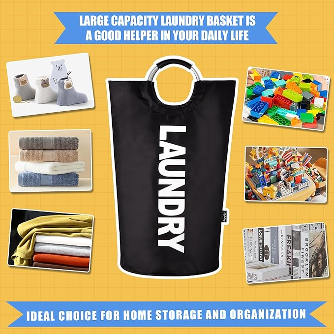 100L Laundry Basket, Collapsible Laundry Hamper with Padded Handles, Waterproof Laundry Bag, Tall Clothes Hamper Stand Up Well, Foldable Laundry Baskets for Easy Storage(Printed Black)