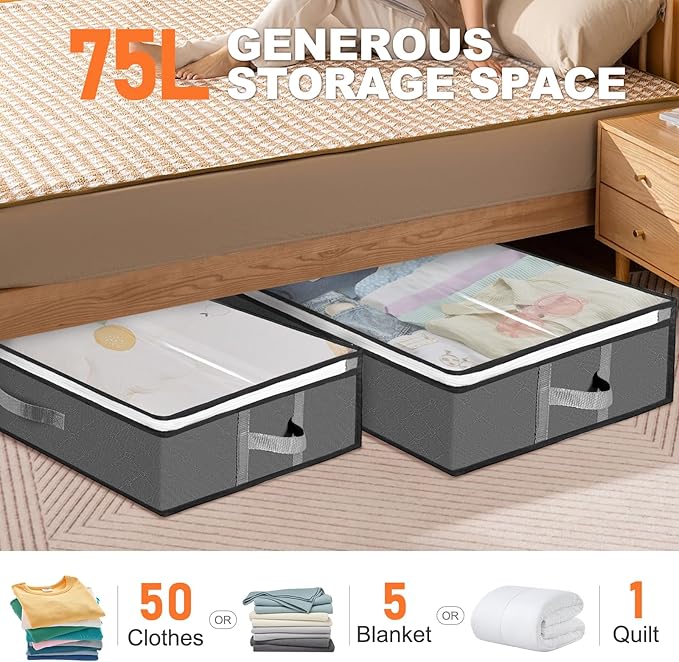 4 Pack Under Bed Storage Containers with Window and Handles, 5 Pack Vacuum Storage Bags for Clothes Comforters Blankets, Save Space