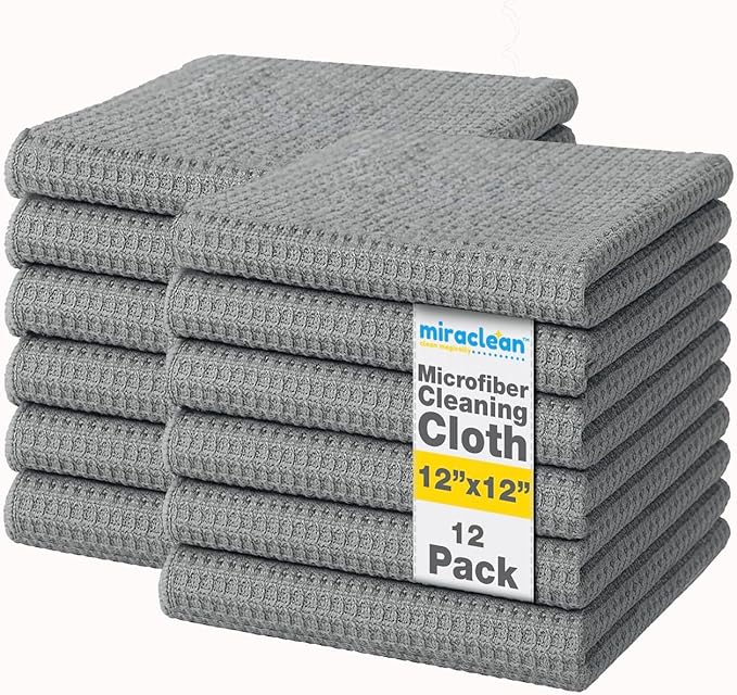 Waffle Weave Microfiber Cloths - 12 x 12 inches - Lint Free Cloth, Streak-Free Absorbent Microfiber Glasses Cleaning Cloth, Screens, Dusting & Appliances - 12 Pack Premium Cloth Wipes