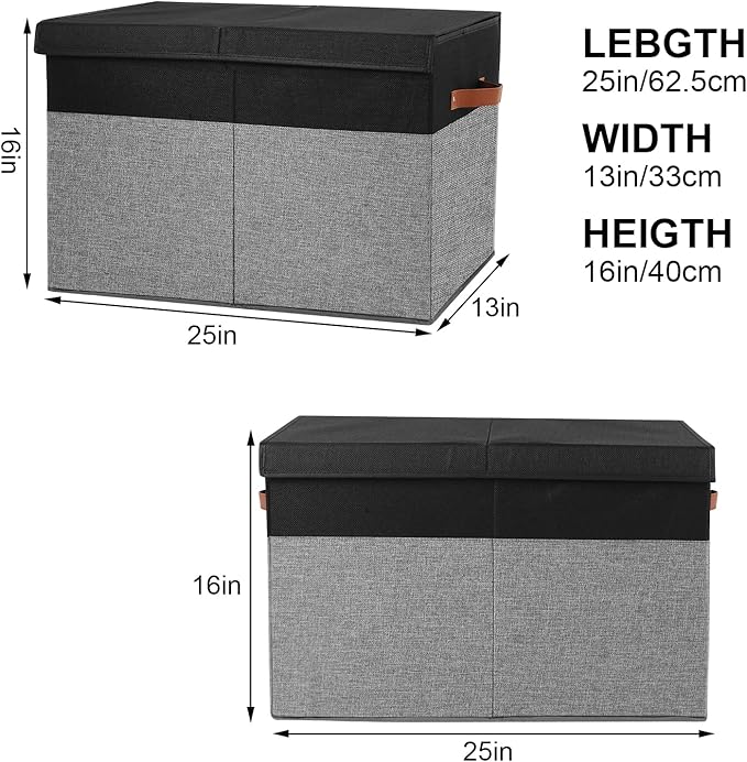 Large Toy Storage Box with Lid, Sturdy Toys Storage Chest Bin Organizer Basket with Dividers for Kids, Boys, Girls, Nursery, Closet, Bedroom, Playroom 25"x13" x16" (Black and Grey)