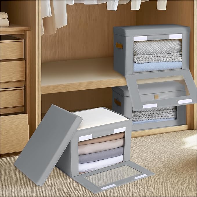 Small Fabric Storage bins - Collapsible Storage Bins with Open Window, 6 Pack Closet Baskets for Shelves, Stackable Decorative Boxes for Home, Dorm, Grey, 13.7"x 9.8" x 9.8"