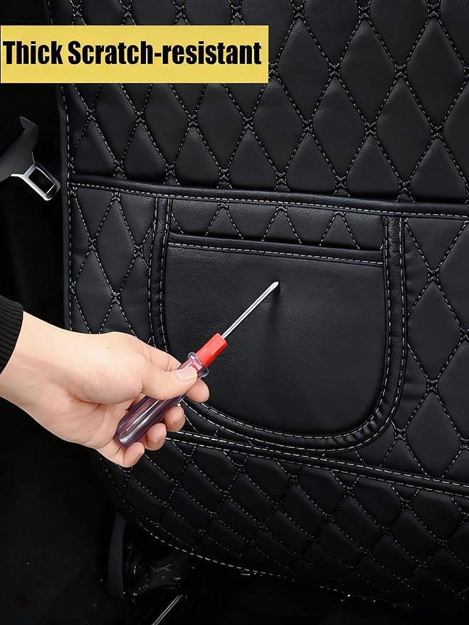 Leatherette Car Seat Protector - 2 Pack Large Car Kick Mats with Storage Pockets Organizer Seat Back Cover Against Dirty Shoes & Scratches, Universal Fit for Most Vehicles (Black)