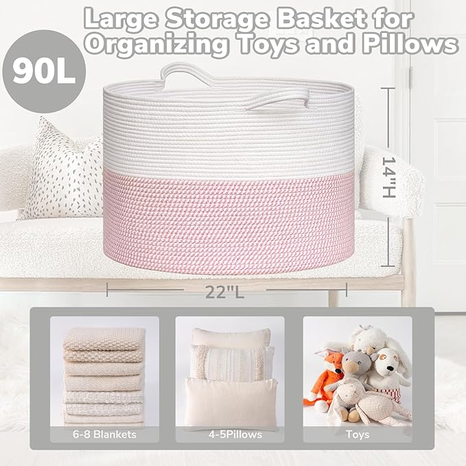 Goodpick Large Storage Basket 22'' x 14'', Baby Basket for Blankets Living Room, Toy Storage Organizer for Clothes, Toys, Pink