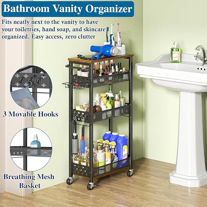 Rolling Slim Storage Cart, 4-Tier Narrow Bathroom Organizers and Storage Cart, Metal Narrow Kitchen Laundry Room Organization Shelf with Wood Top, Slim Utility Cart with Wheels for Small Space