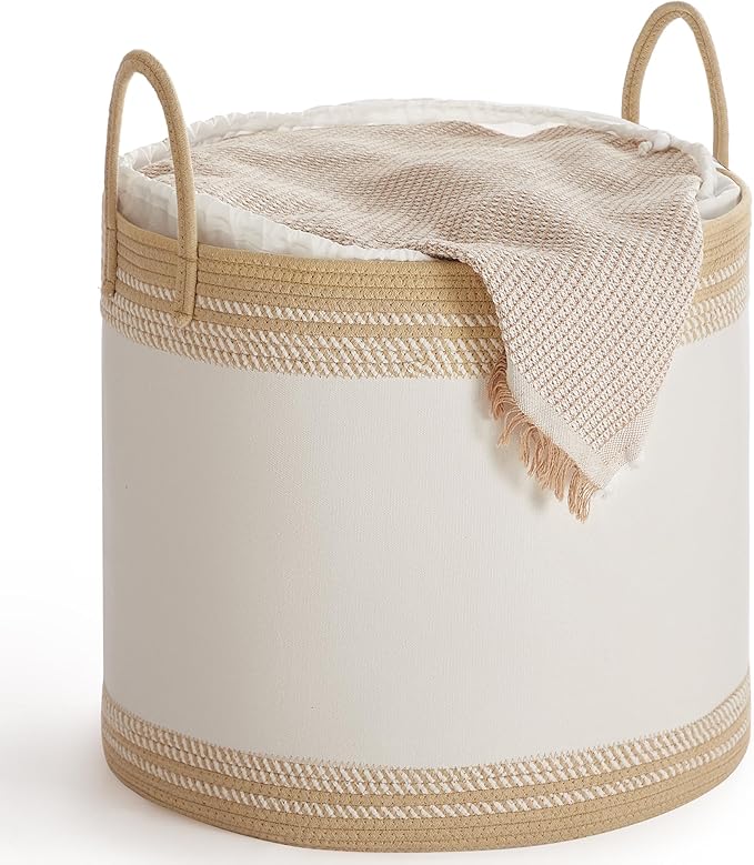 SONGMICS Laundry Hamper, Cotton Rope Laundry Basket with Handles, for Clothing, Living Room, Bedroom, 23.8 Gallons, 19.7 x 19.7 x 18.1 Inches, Cloud White and Camel Brown URLH090K01