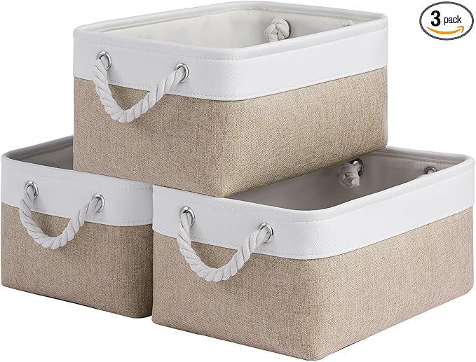 Storage Baskets for Shelves 11.8x7.9x5.2 Inch, Foldable Fabric Storage Bins with Handles, Small Storage Baskets for Organizing Closet, Office, Home Organization (3-Pack, White&Khaki)