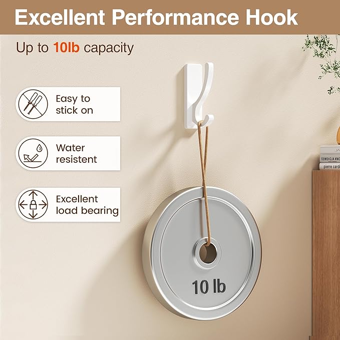 pickpiff Adhesive Wall Hooks for Towels - Sticky Hook Hanging Heavy Duty (13lb), Hanger for Door, Bathroom, Dorm, Closet - for Coats, Purse, Bag, Robe - No Damage to Wall - White 6 Pack