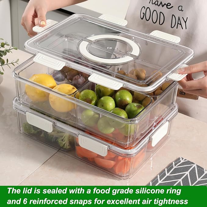 Taiuloo Divided Serving Tray with Airtight Lid and Handle, 4 Compartment Snackle Box Container, Portable Snack Platters, Clear Fridge Organizer & Food Storage for Veggie, Fruit, Charcuterie, Nuts