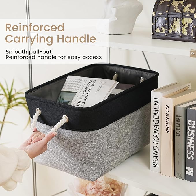 Large Storage Baskets- 15x11x10 inch Storage Bins for Shelves and Closet Organizing, Foldable Fabric Bin for Home Organization Clothes and Laundry (3-Pack, Black&Gray)
