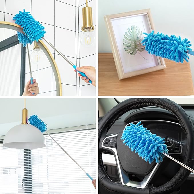Microfiber Duster for Cleaning, Tukuos Hand Washable Dusters with 2pcs Replaceable Microfiber Head, Extendable Pole, Detachable Cleaning Brush Tool for Office, Car, Window, Furniture, Ceiling Fan