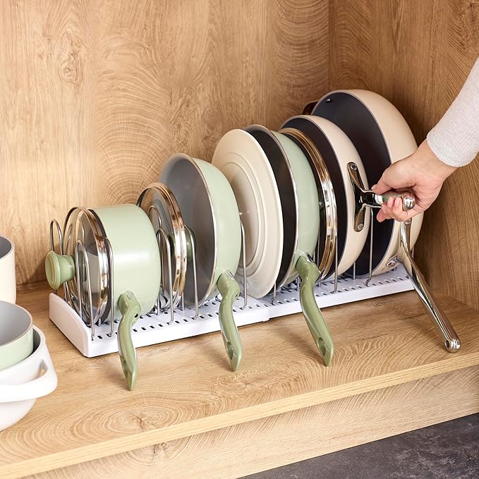YouCopia StoreMore Expandable Pan and Lid Rack with Steel Wires, 12.5"-22" Wide Adjustable Pan Organizer for Kitchen Cabinet Storage, Premium Edition