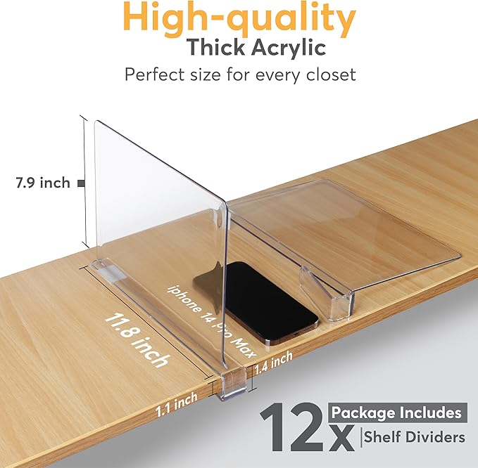 12 Pack Acrylic Shelf Dividers for Closet 11x7.9 Inch – Acrylic Dividers for Shelves Clear Closet Shelf Separators for Purses, Clothes Storage – Vertical Bookshelf Dividers for Bedroom & Kitchen