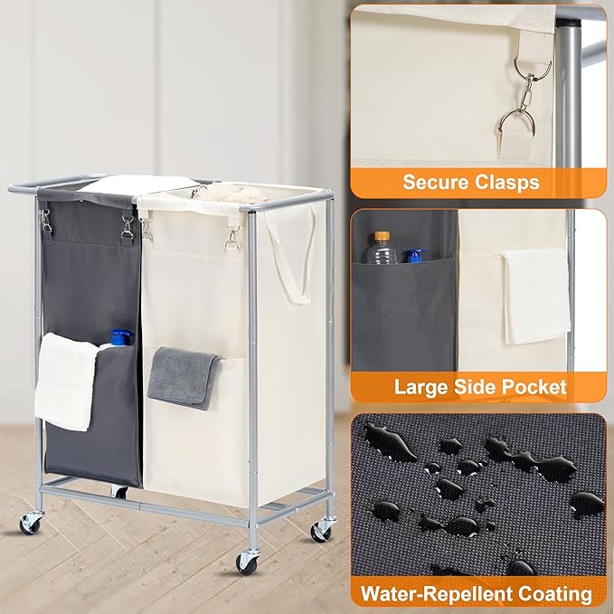 Heybly Laundry Basket, 2 x 18.5 Gal Laundry Separator Hamper with Heavy Duty Rolling Wheels, Divider Sorter with Removable Bags, Dirty Clothes Storage, 29.1 x 15.4 x 33.1 Inches HLH021P02