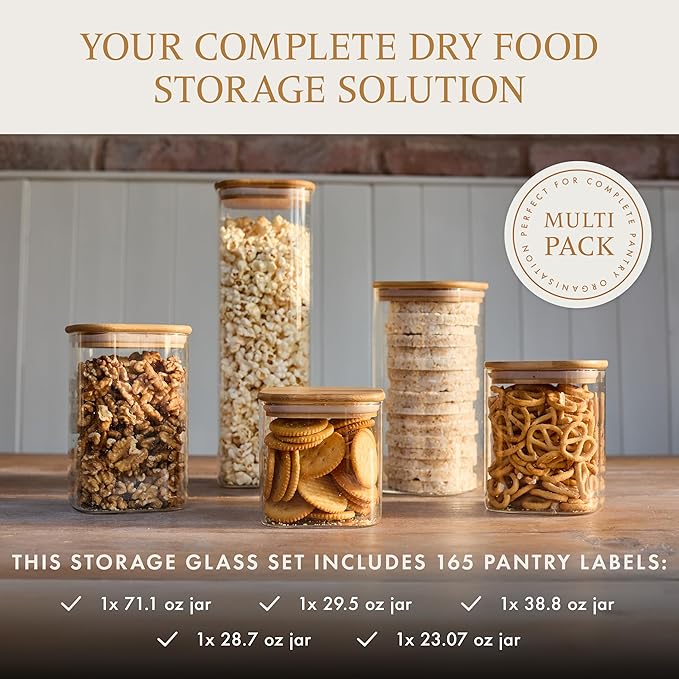 Livabl Glass Pantry Storage Containers with Lids- 165 Pantry Labels– Set of 5 various Sizes- Glass Canisters with bamboo lids-Perfect Pasta, Flour food Storage Containers-Airtight-Kitchen Canisters